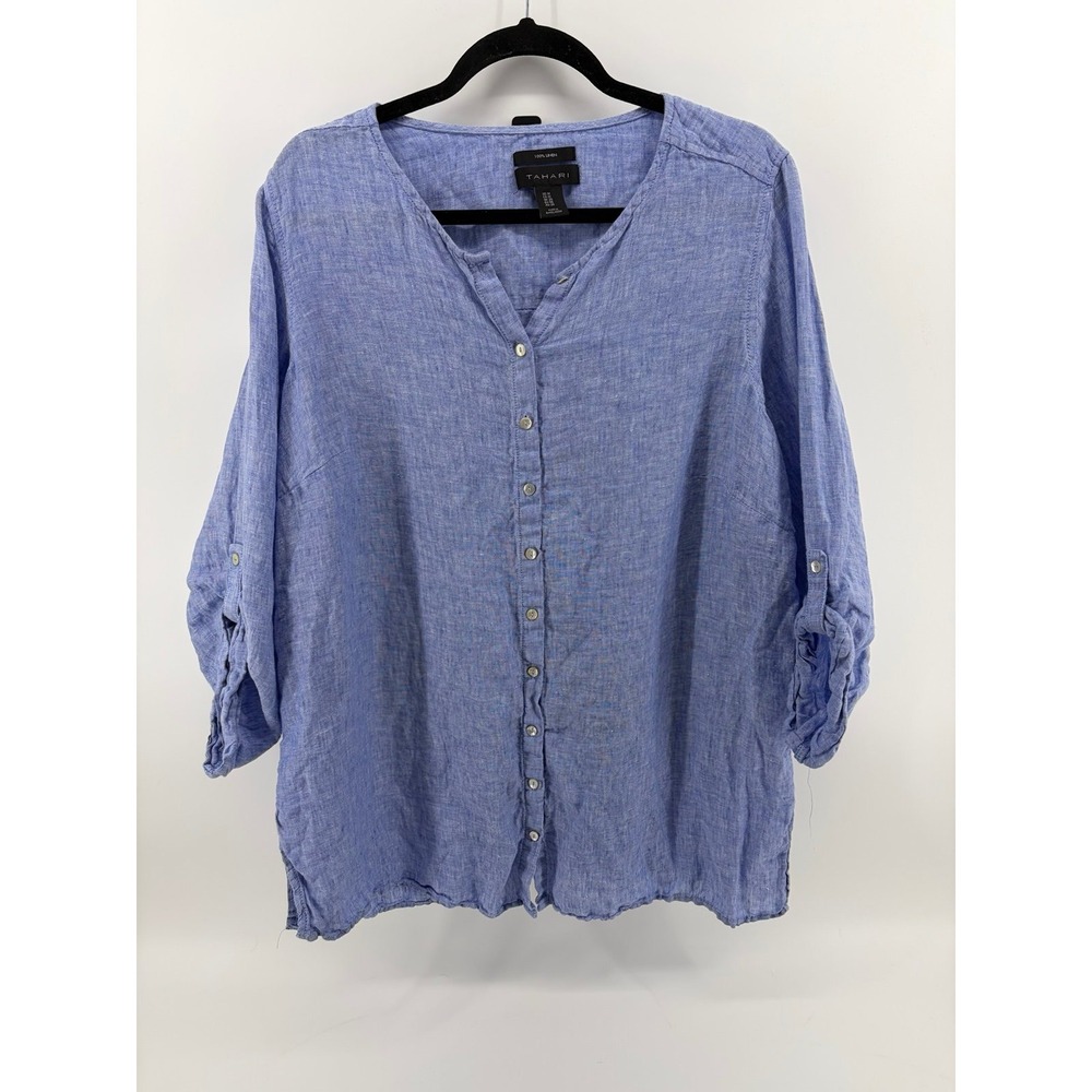 Tahari, Blue Linen, Lagenlook Top, Beachy, Boho, Shell Buttons, Womem's Size 1X
